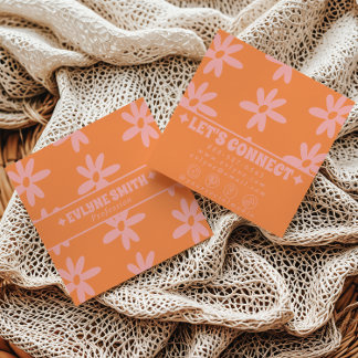 Tarjeta De Visita Cuadrada Retro Negrita Rosa Naranja Groovy Floral Femenino 