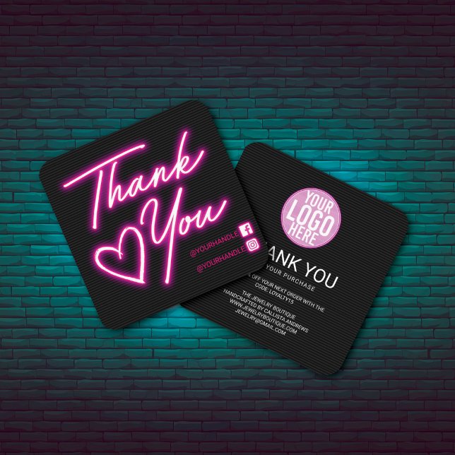 Tarjeta De Visita Cuadrada Retro Neon Lámparas Rosa del Cliente Gracias Plaza (Subido por el creador)