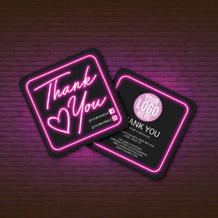 Tarjeta De Visita Cuadrada Retro Neon Pink Lighted Sign Customer Thank You