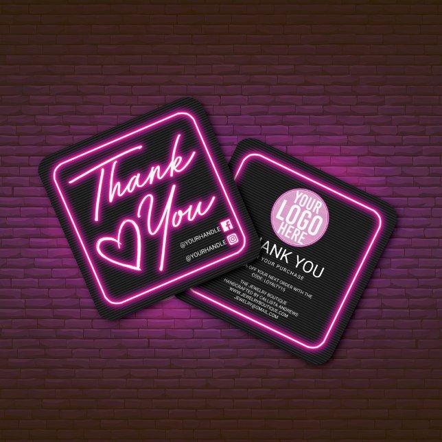 Tarjeta De Visita Cuadrada Retro Neon Pink Lighted Sign Customer Thank You (Subido por el creador)