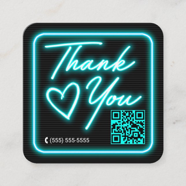 Tarjeta De Visita Cuadrada Retro Neon Verde azulado Luz Rótulo Cliente Gracia (Anverso)