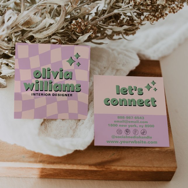 Tarjeta De Visita Cuadrada Retro Pink Green Pastel Groovy Checkered Girly Fun (Subido por el creador)