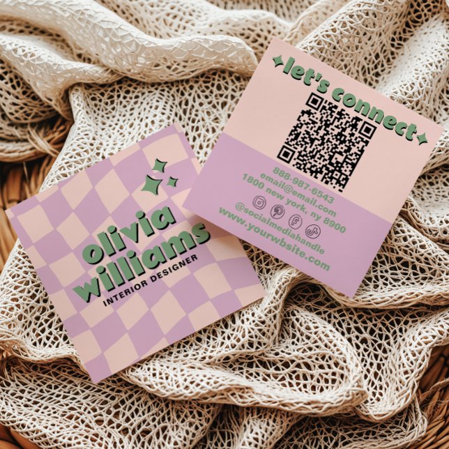 Tarjeta De Visita Cuadrada Retro Pink Green QR Code Groovy Checkered Girly (Subido por el creador)