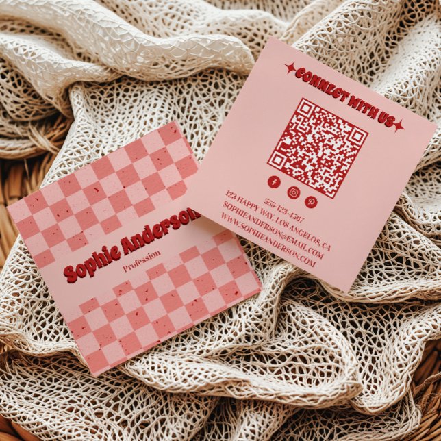 Tarjeta De Visita Cuadrada Retro Pink & Red Checkerboard with QR Code (Subido por el creador)