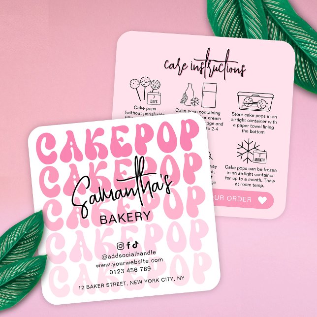 Tarjeta De Visita Cuadrada Retro Pink Trendy Cake Pops Care Instructions Card (Trendy pink cake pops storage instructions guide cards featuring retro fonts and modern layout)