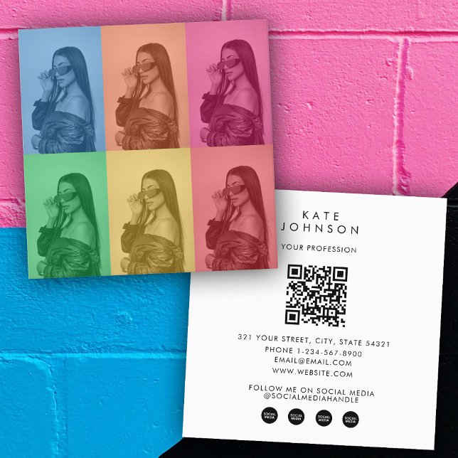 Tarjeta De Visita Cuadrada Retro Pop Art Moderno Photo Grid Influencer (Retro Pop Art Modern Photo Grid Influencer Square Business Card)