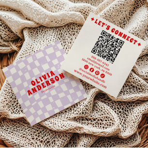 Tarjeta De Visita Cuadrada Retro Purple Red QR Code Groovy Checkered Boho Fun