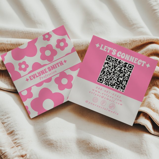 Tarjeta De Visita Cuadrada Retro QR Code Pink Groovy Floral Boho Girly Trendy (Subido por el creador)