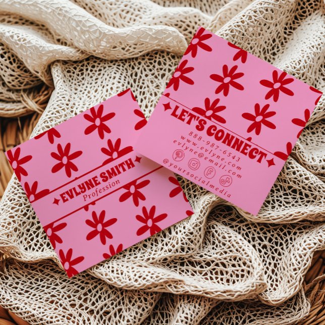 Tarjeta De Visita Cuadrada Retro Red Pink Groovy Floral Boho Girly Trendy Fun (Subido por el creador)