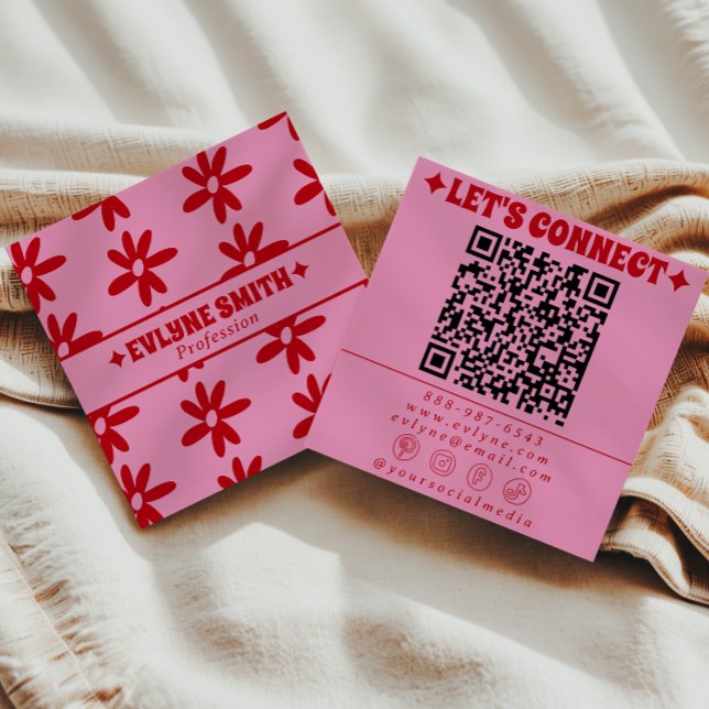 Tarjeta De Visita Cuadrada Retro Red Pink QR Code Groovy Floral Girly Trendy (Subido por el creador)