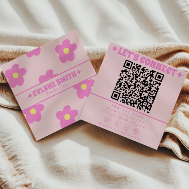 Tarjeta De Visita Cuadrada Retro Soft Pink QR Code Groovy Floral Girly Boho (Subido por el creador)