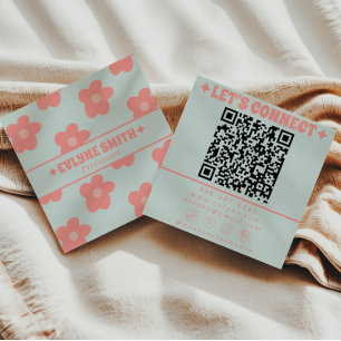 Tarjeta De Visita Cuadrada Retro Soft Rosa Azul Código QR Groovy Floral Femen