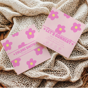 Tarjeta De Visita Cuadrada Retro Suave Rosa Groovy Floral Tendencia Femenina