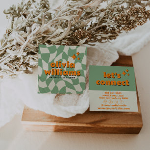 Tarjeta De Visita Cuadrada Retro Verde Naranja Groovy Cuadrados Bohemio Moder