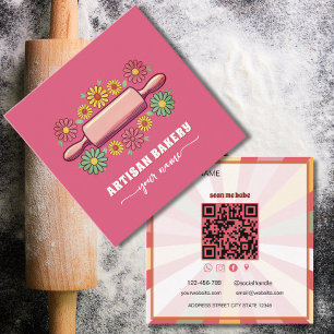 Tarjeta De Visita Cuadrada Rodillo floral Retro Daisy naranja Panadería