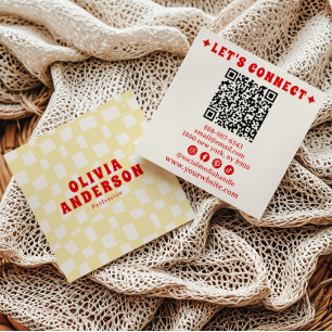 Tarjeta De Visita Cuadrada Rojo amarillo retro código QR Groovy Boho controla