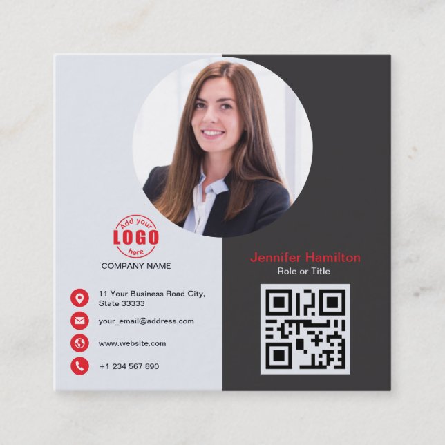 Tarjeta De Visita Cuadrada Rojo gris profesional añada su Plaza de código QR  (Anverso)