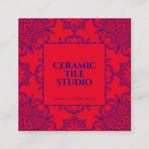 Tarjeta De Visita Cuadrada Rojo mandala Azul Patrón de mosaico sin fisuras