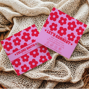 Tarjeta De Visita Cuadrada Rojo Retro Rosa Groovy Floral Boho Femenino Divert