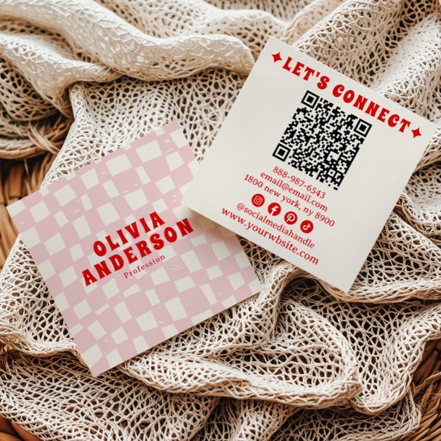 Tarjeta De Visita Cuadrada Rojo Rojo Retro Código QR Groovy Cheered Girly Boh (Subido por el creador)