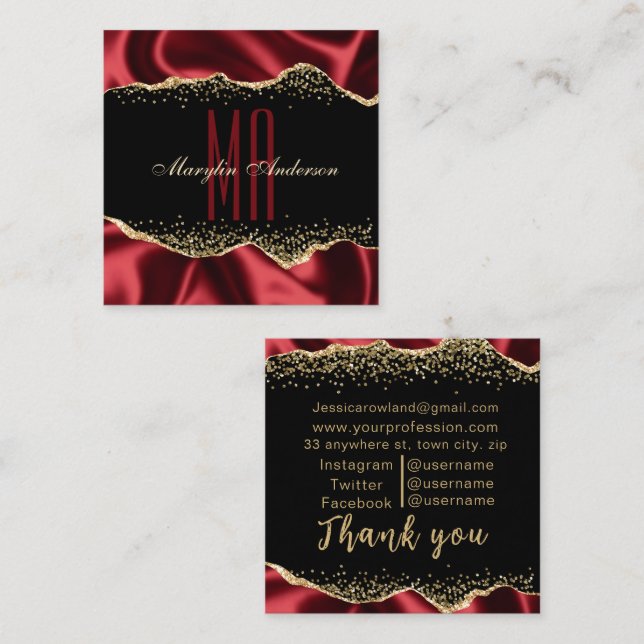 TARJETA DE VISITA CUADRADA ROJO Y ORO SHIMMER SATIN BORDES PERSONALIZADO MONO (Anverso / Reverso)