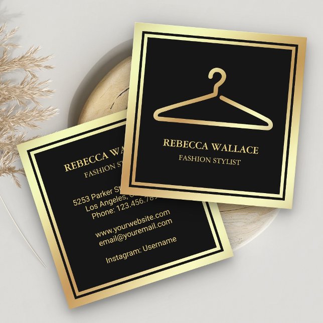 Tarjeta De Visita Cuadrada Ropa dorada negra estilo de moda (Subido por el creador)