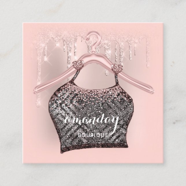 Tarjeta De Visita Cuadrada Ropa Rosa Ropa colgante Vestido de moda Purpurina  (Anverso)