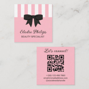 Tarjeta De Visita Cuadrada Rosa Chic Rayas Blancas y Lazo Preppy