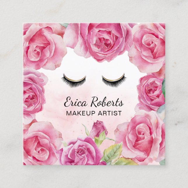 Tarjeta De Visita Cuadrada Rosa de acuarela de maquillaje Salón de belleza fl (Anverso)