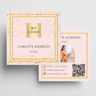 Tarjeta De Visita Cuadrada Rosa de código QR con el logotipo de la foto de co