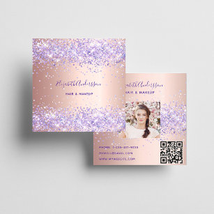 Tarjeta De Visita Cuadrada Rosa de código qr foto purpurina morado de oro