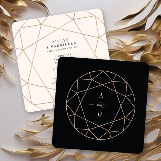 Tarjeta De Visita Cuadrada Rosa de diamantes Gemstone oro Gemstone Geométrico (Double Monograms Diamond Rose Gold Gemstone Geometric Stylish Chic Square Business Card @ fatfatin)