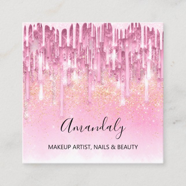 Tarjeta De Visita Cuadrada Rosa de logo de artista de uñas Confetti Purpurina (Anverso)