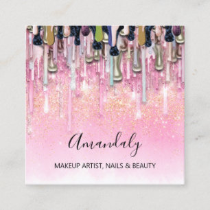 Tarjeta De Visita Cuadrada Rosa de logotipo de uñas de artistas maquillaje Pu
