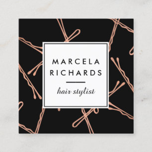 Tarjeta De Visita Cuadrada Rosa de moda Bobby Pins Salón Estilista Negro