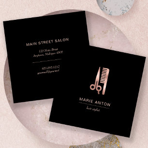 Tarjeta De Visita Cuadrada Rosa de Moda estilista de pelo de color negro