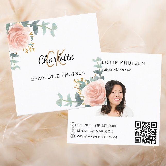Tarjeta De Visita Cuadrada Rosa de oro floral monograma foto código Qr (Subido por el creador)