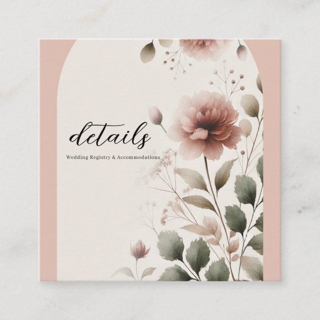 Tarjeta De Visita Cuadrada Rosa Desierto Floral Verde y Rosa Bodas (Anverso)
