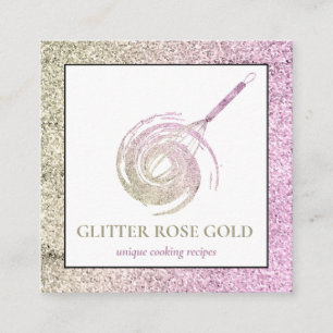 Tarjeta De Visita Cuadrada Rosa Dorado Destello Batidor Glitter Pastelería Re