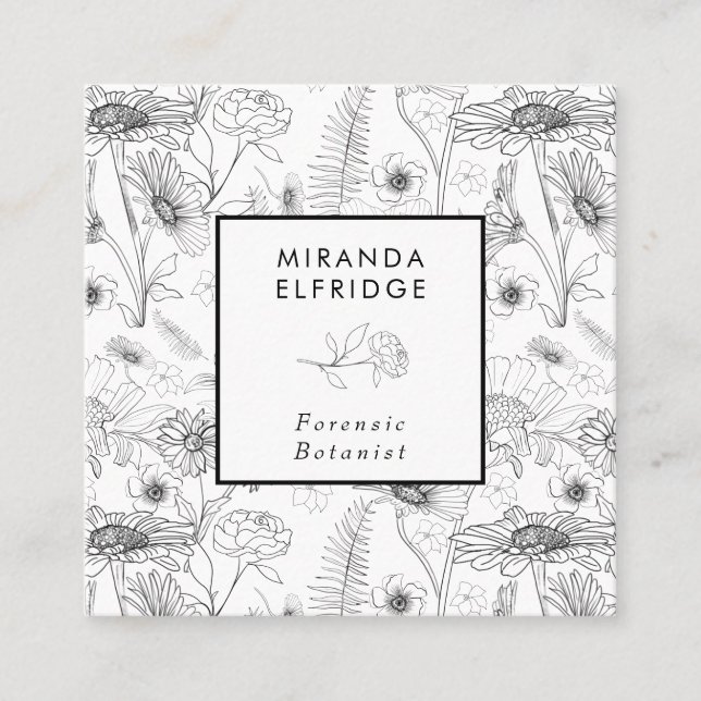 Tarjeta De Visita Cuadrada rosa floral blanco negro botánico (Anverso)