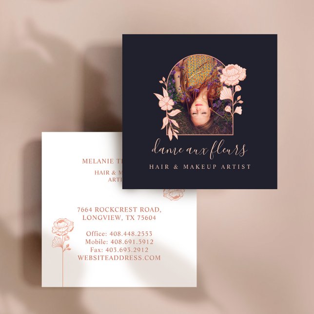 Tarjeta De Visita Cuadrada Rosa floral moderno de belleza de la Marina Arch (Modern Floral Rose Beauty Photo Arch Navy Square Business Card)
