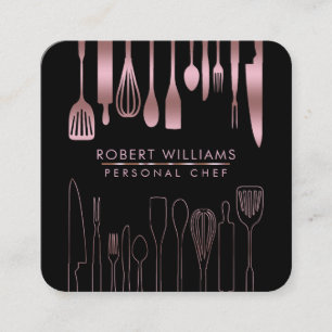 Tarjeta De Visita Cuadrada Rosa Gold Chef Cocina Utensil Herramientas Faux Ca