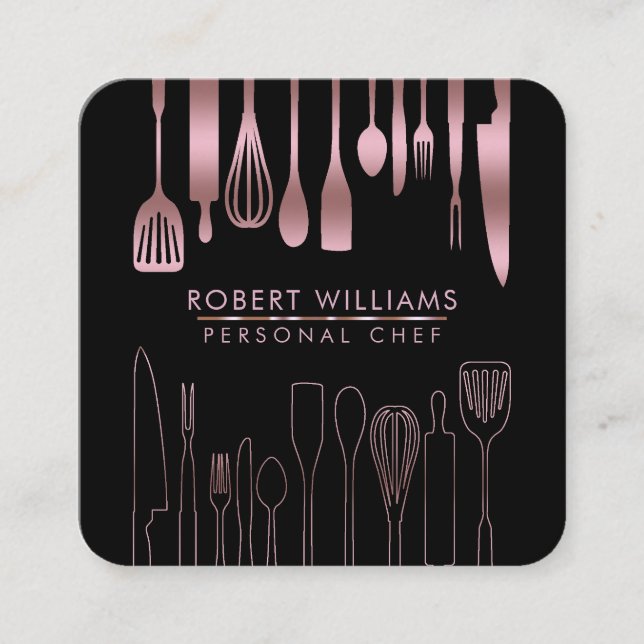 Tarjeta De Visita Cuadrada Rosa Gold Chef Cocina Utensil Herramientas Faux Ca (Anverso)