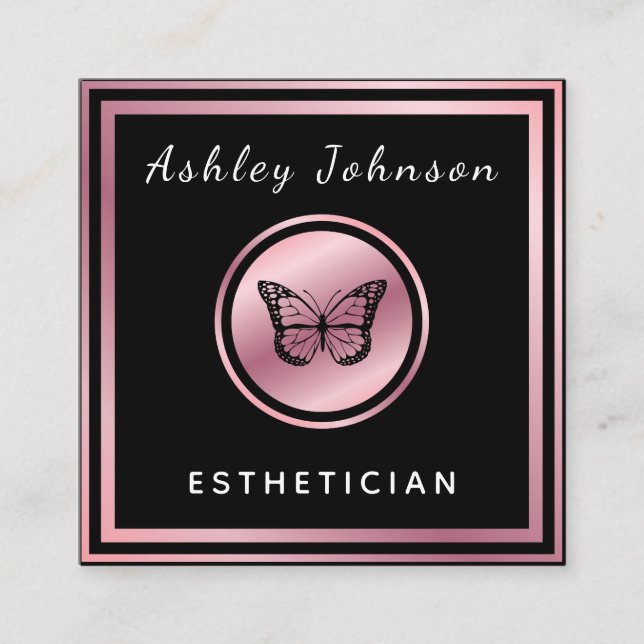 Tarjeta De Visita Cuadrada Rosa Gold Elegant Butterfly Esthetician Classic (Anverso)