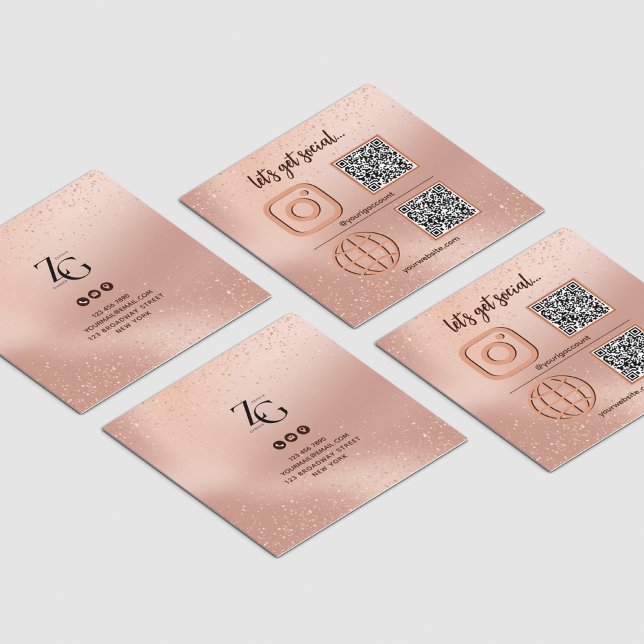 Tarjeta De Visita Cuadrada Rosa Gold Rótulo de medios sociales con código QR (Subido por el creador)