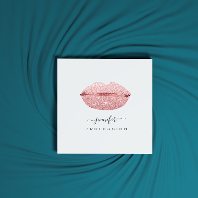 Tarjeta De Visita Cuadrada Rosa KISS LIPS Artista de maquillaje Medios Social (Rose KISS LIPS Makeup Artist White Social Media Square Business Card)