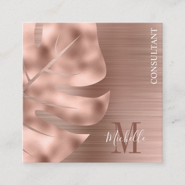 Tarjeta De Visita Cuadrada Rosa Monograma Hoja de Palma Dorada Cepillado Meta (Anverso)