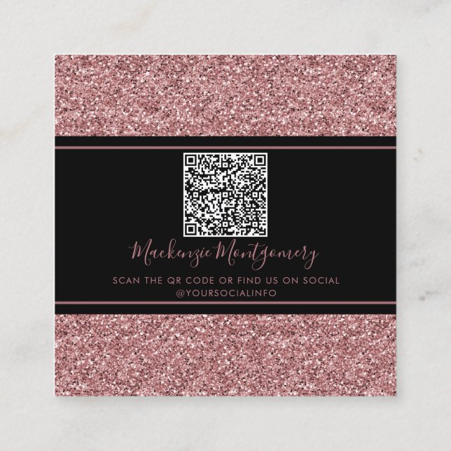 Tarjeta De Visita Cuadrada Rosa negro Purpurina de espuma de oro gotea código (Reverso)