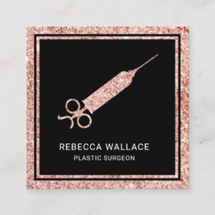 Tarjeta De Visita Cuadrada Rosa negro Purpurina oro Jeringa Cirujano plástico