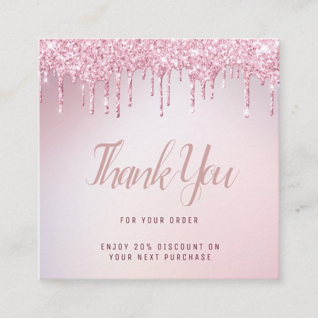Tarjeta De Visita Cuadrada rosa oro purpurina goteo gracias insertar (Anverso)